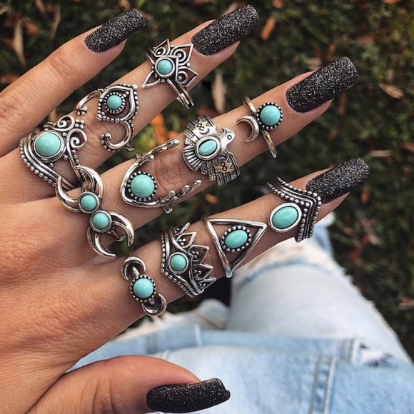 🎀 11PC: SILVER & TEAL BOHO MIDI RINGS MOON CHIC RING BUNDLE SET TURQUOISE MOON - Picture 6 of 7